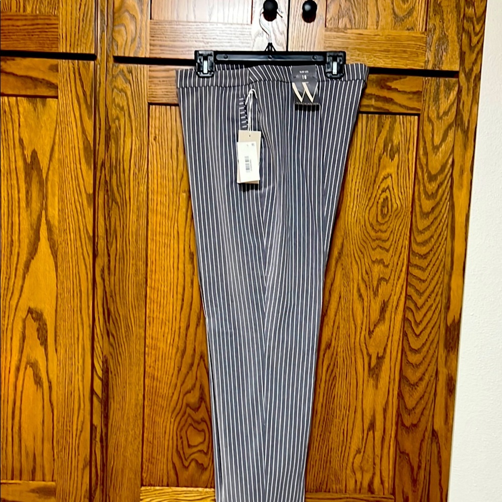 Women’s slim leg pant, gray with small white stripe, has nice stretch